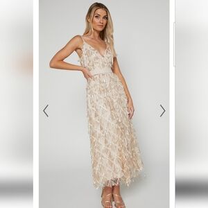 Showpo. Shook Midi Dress V Neck A Line Champagne Gold Sz 2 NWT